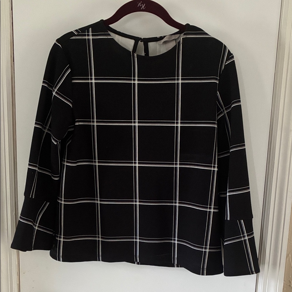 H&M Black Windowpane Check Long-Sleeve Blouse